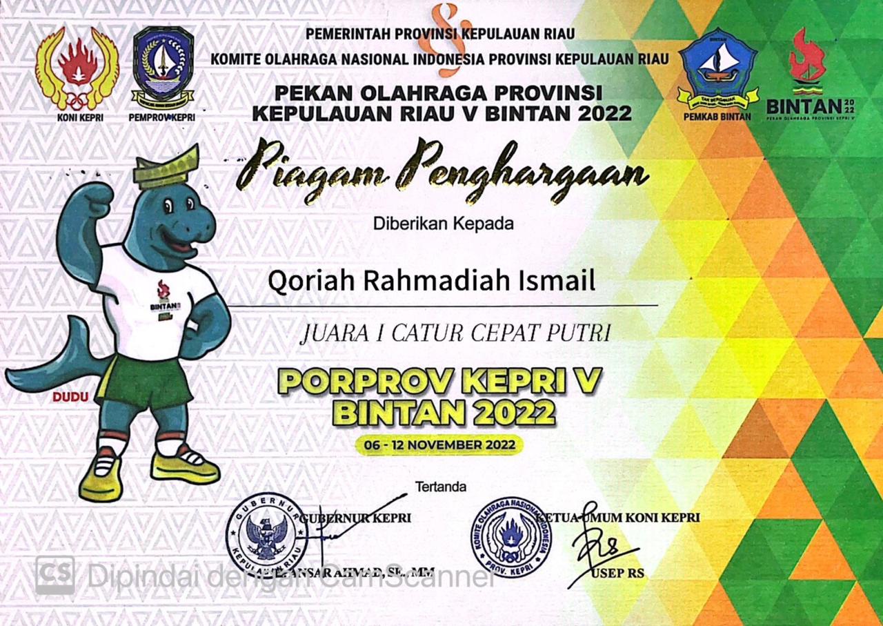Sertifikat Juara 1 Catur Putri Cepat